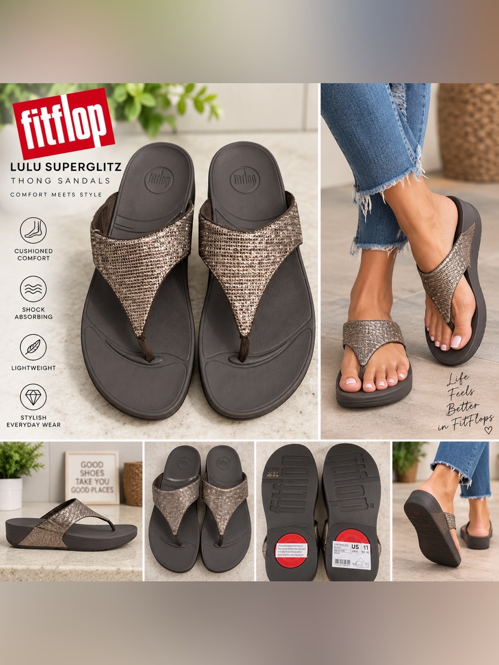 FitFlop Lulu Superglitz Bronze Metallic Thong Sandals Women’s US 11 EU 42 NWT